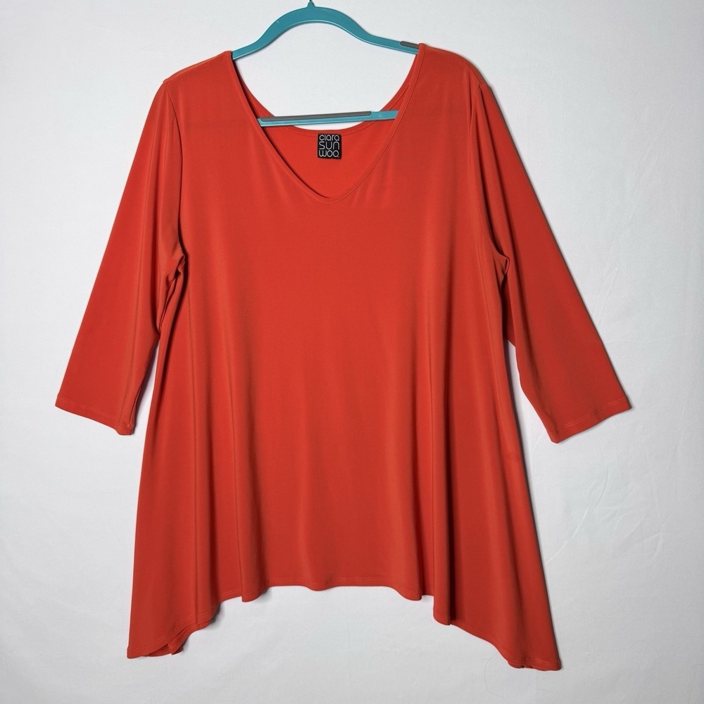 Clara Sun Woo Tunic Top Sz XL Orange Asymmetric Hem V Neck Career Casual 3/4 Slv